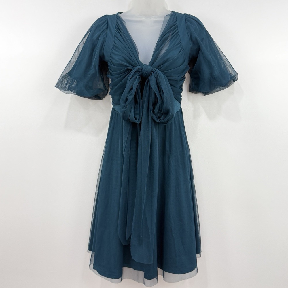 Effie's Heart Dress S Teal Forest Fairy Retro Artsy Mesh Romantic Tie Front